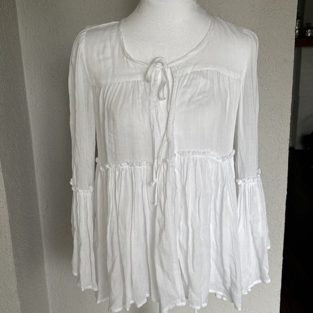 Olivaceous White Rayon Bell Sleeve Boho Blouse Size Small
